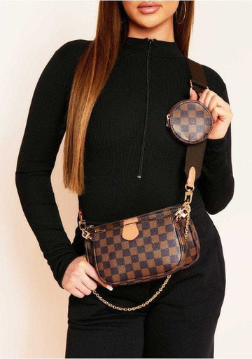 BUTIED Women Checkered Crossbody Leather Shoulder Handbags, Brown