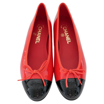 Chanel Red Patent Leather CC Toe Ballet Flats