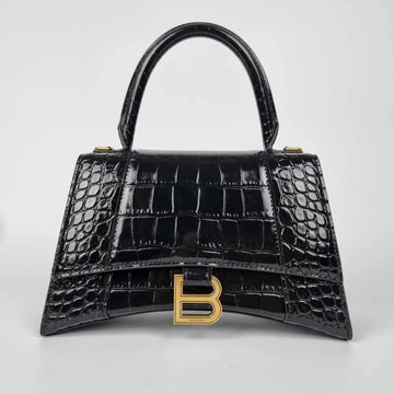 BALENCIAGA Hourglass Small Black Embossed Leather Top Handle