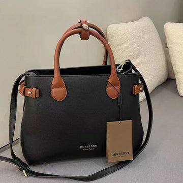 Burberry Black Calf Leather House Check Medium Banner Tote Bag