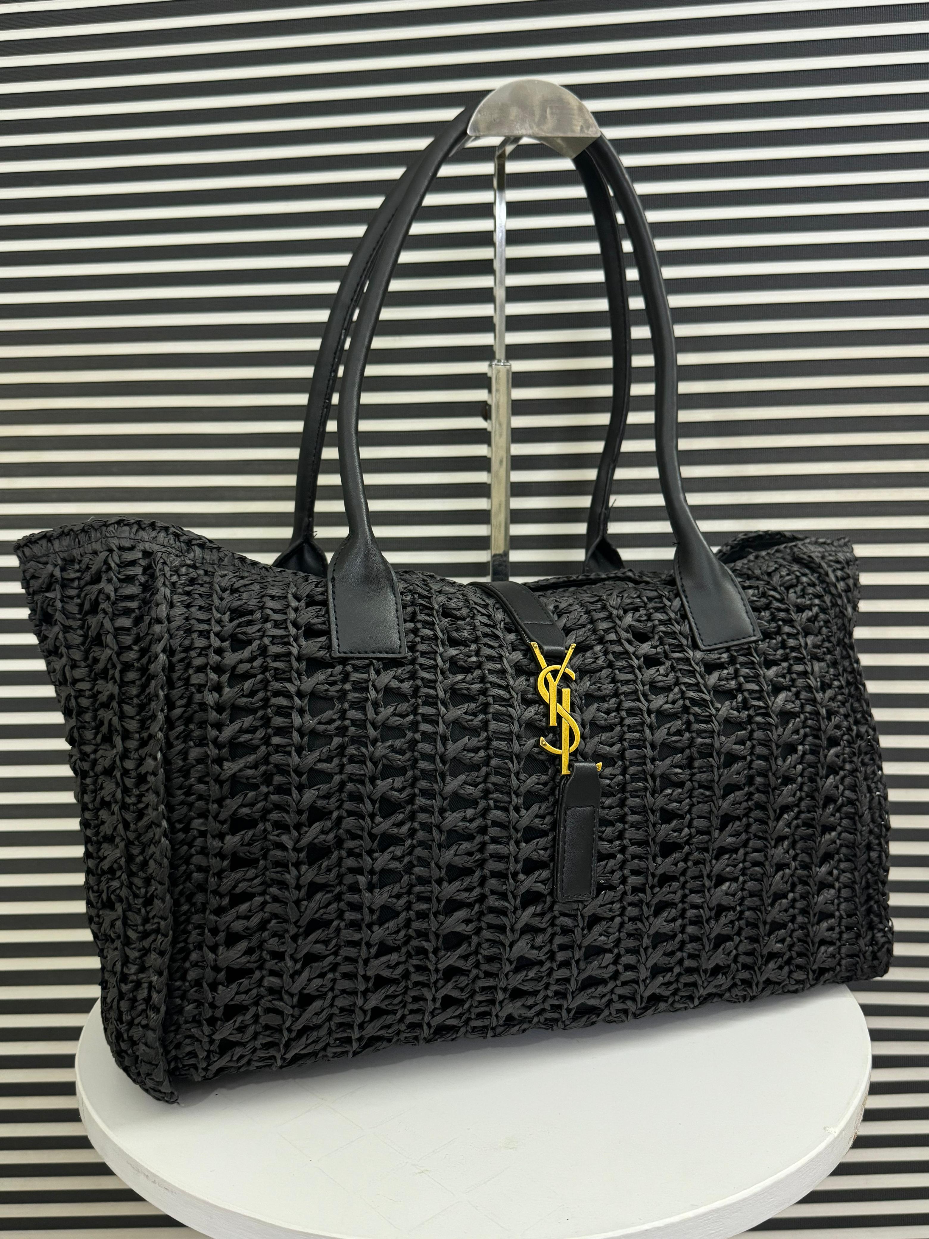 SAINT LAURENT Panier Leather-Trimmed Raffia Tote