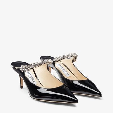 Jimmy Choo Bing 65 Black Patent Leather Mules with Crystal Strap