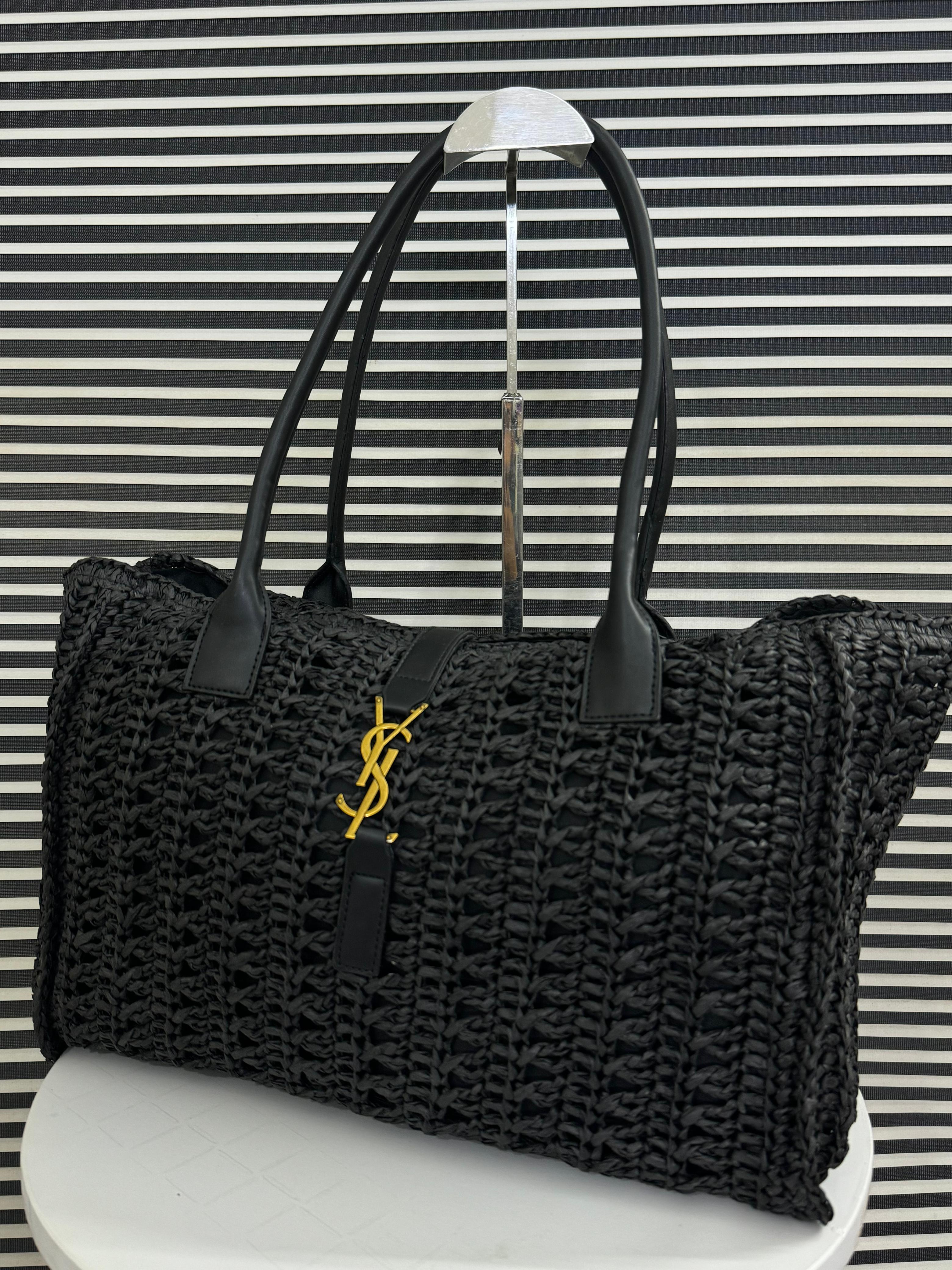 SAINT LAURENT Panier Leather-Trimmed Raffia Tote