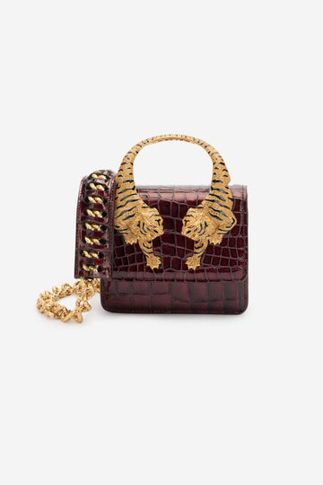 Luxury Croc-Textured Mini Handbag with Gold Tiger Handle – Maroon