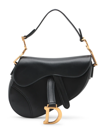 Classic black Dior Saddle Bag featuring structured shape, antique gold hardware, and shoulder strap