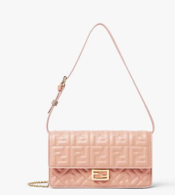 Front view of Fendi Wallet On Chain Baguette in soft pink leather with gold chain and FF logo clasp