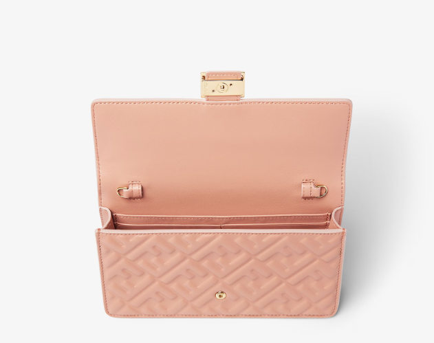 Interior view of Fendi Wallet On Chain Baguette in pink, featuring card slots and compact compartments