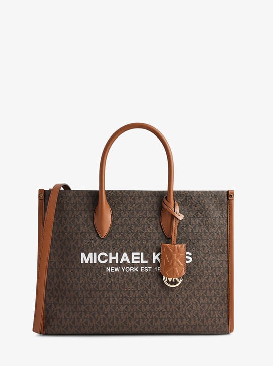 Front view of Michael Kors Mirella Logo Tote Bag with MK print