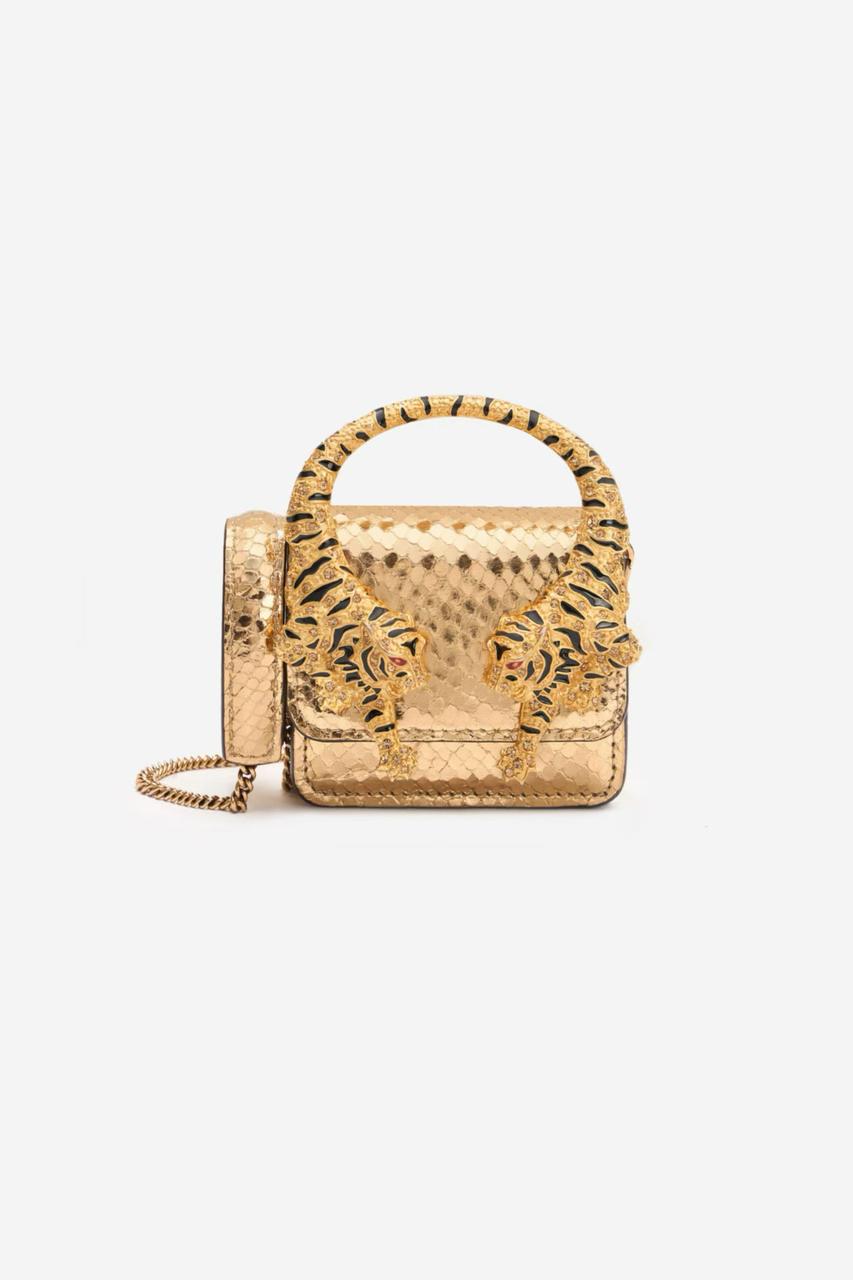 Luxury Croc-Textured Mini Handbag with Gold Tiger Handle – Maroon