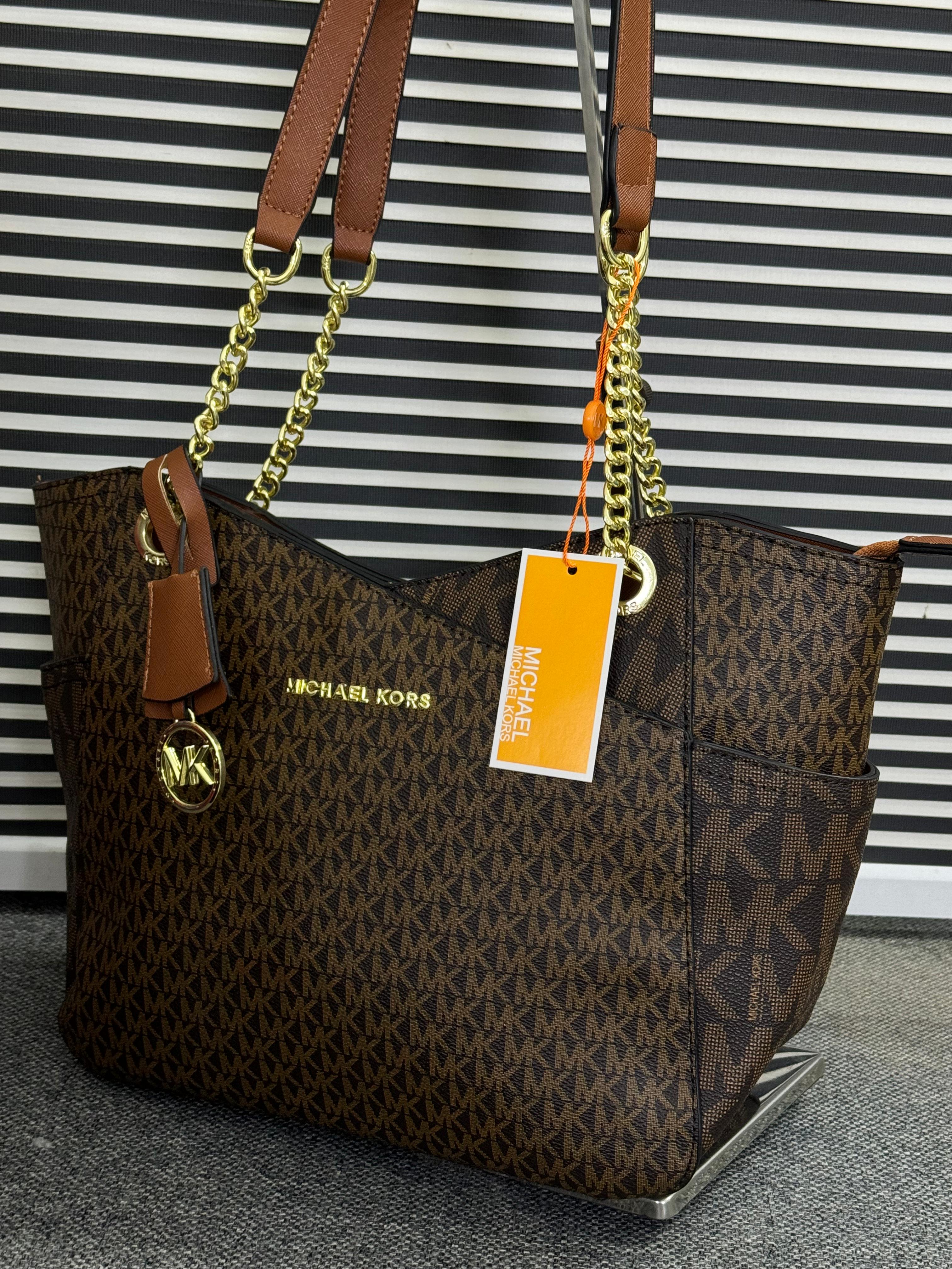 Michael Kors Large X Chain Shoulder Tote Brown Signature
