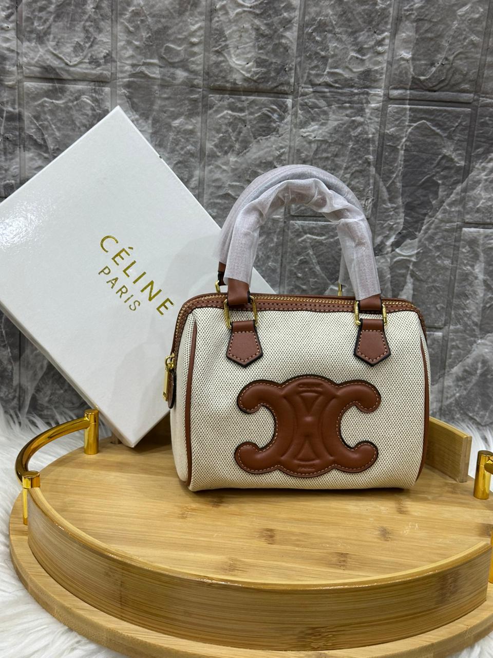 Celine Triomphe Textile Calfskin Small Boston Bag Natural Tan