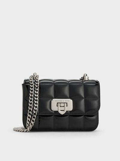 CHARLES & KEITH Patent Square-Quilted Chain-Handle Bag - Noir