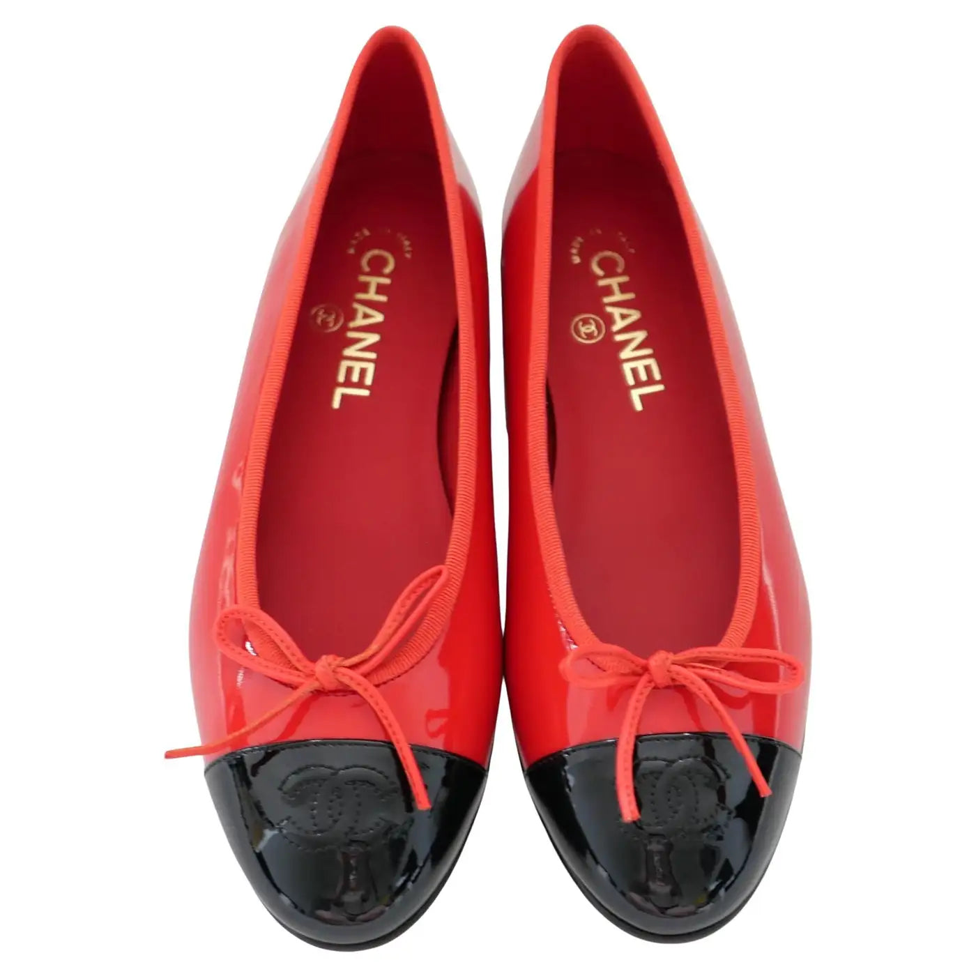 Chanel Red Patent Leather CC Toe Ballet Flats