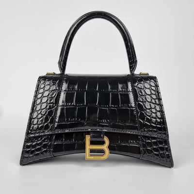 BALENCIAGA Hourglass Small  Black Embossed Leather Top Handle