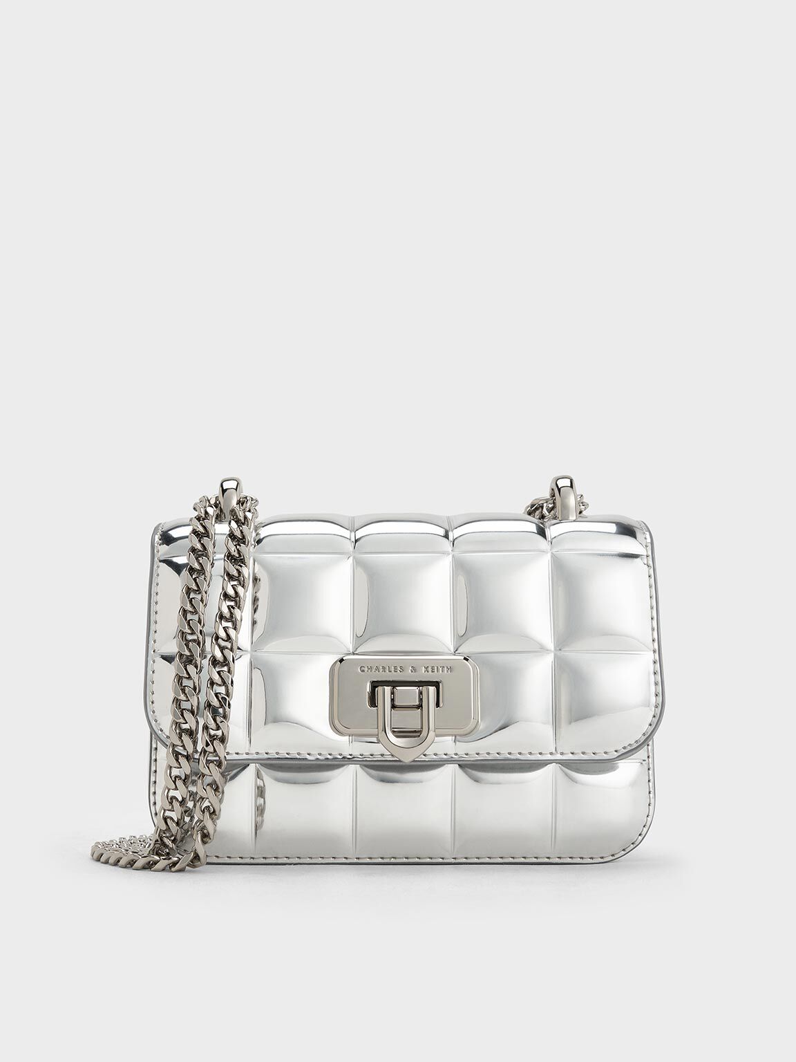 Charles & Keiith Metallic Square-Quilted Chain-Handle Bag - Silver