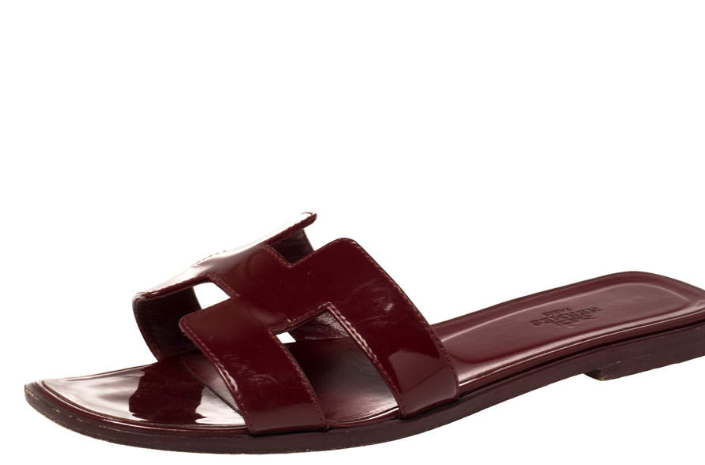 Hermes Burgundy Patent Leather Oran Flats
