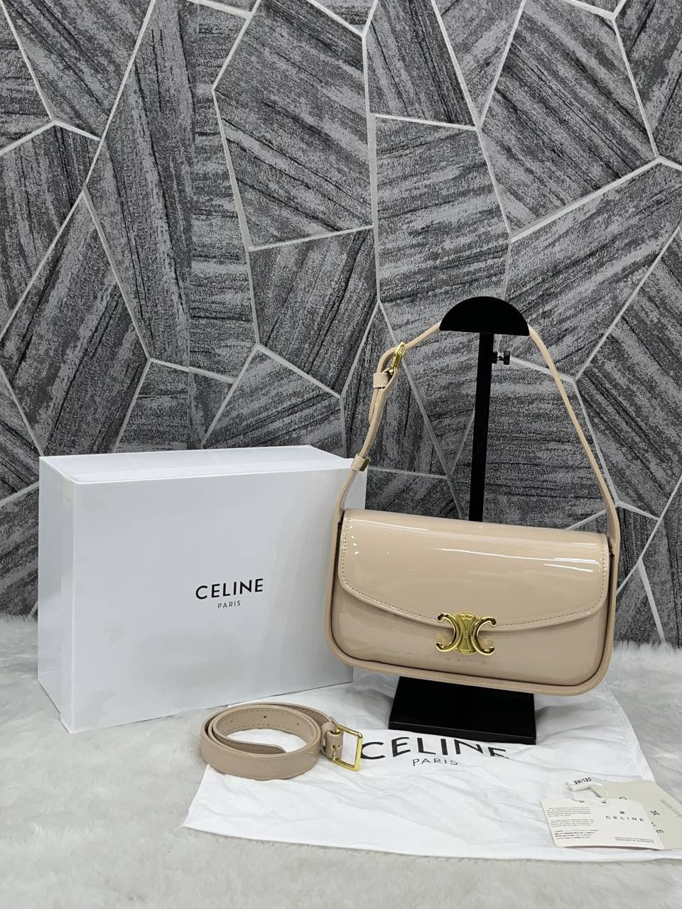 Celine Terence Apricot Patent Shoulder Bag With Original Box Dust Cover & long Belt