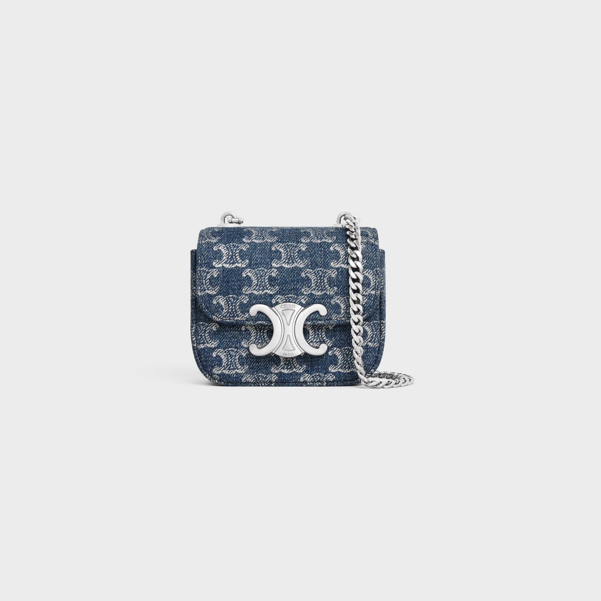 CELINE MINI CHAIN CLAUDE in DENIM WITH TRIOMPHE ALL-OVER