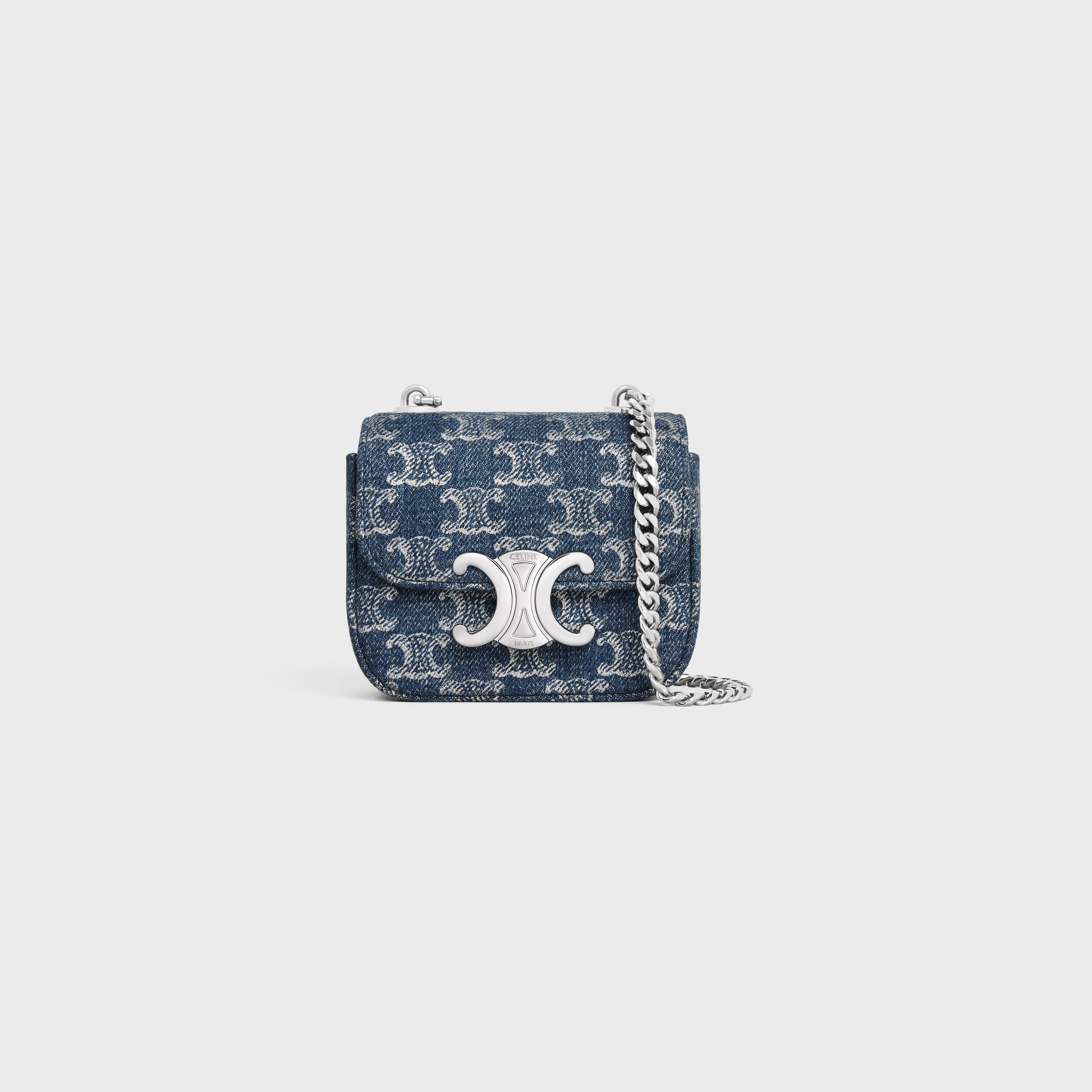 CELINE MINI CHAIN CLAUDE in DENIM WITH TRIOMPHE ALL-OVER
