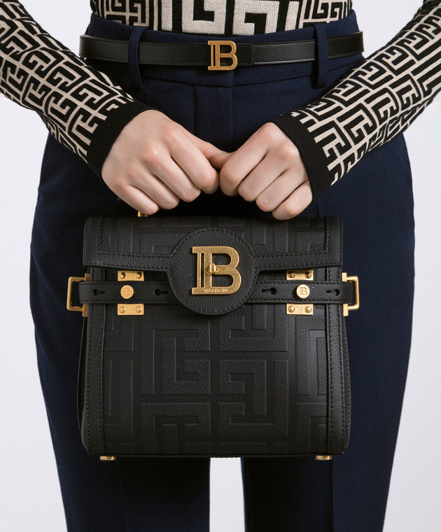 Balmain B-Buzz monogram embossed black leather satchel bag