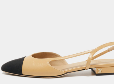 Chanel Beige/Black Leather and Canvas Slingback Flat Sandals hover