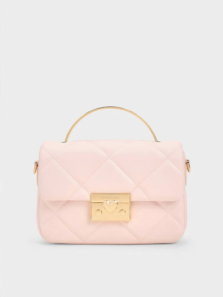 Charles & Keith Quilted Boxy Top Handle Bag - Pink
