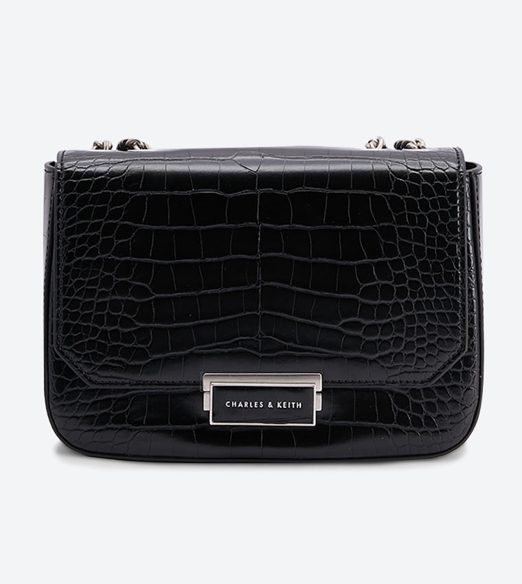 Charles & Keith Croc-Effect Structured Cross Body Bag - Black