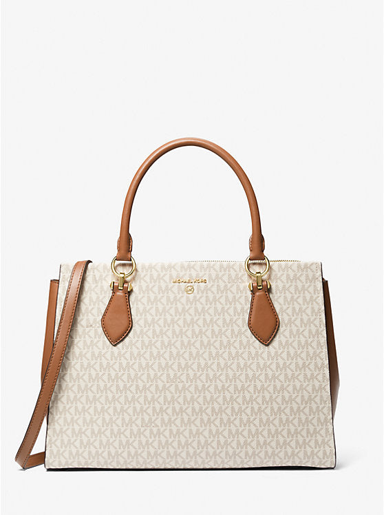 A beige and brown satchel handbag with the MK logo, featuring dual handles and a detachable strap.