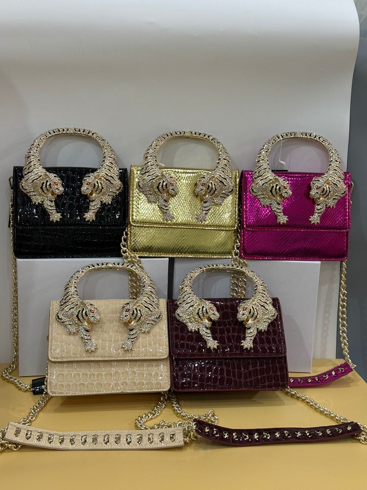 Luxury Croc-Textured Mini Handbag with Gold Tiger Handle – Maroon