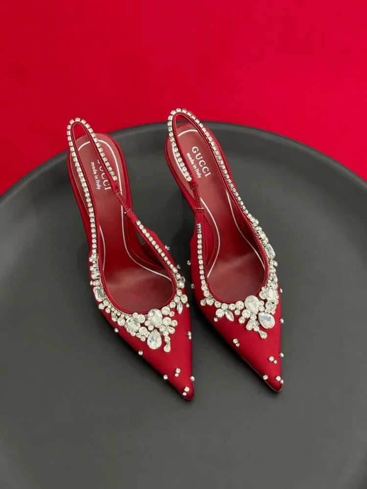 Gucci Crystal Embellished High Heels with Red Back Strap