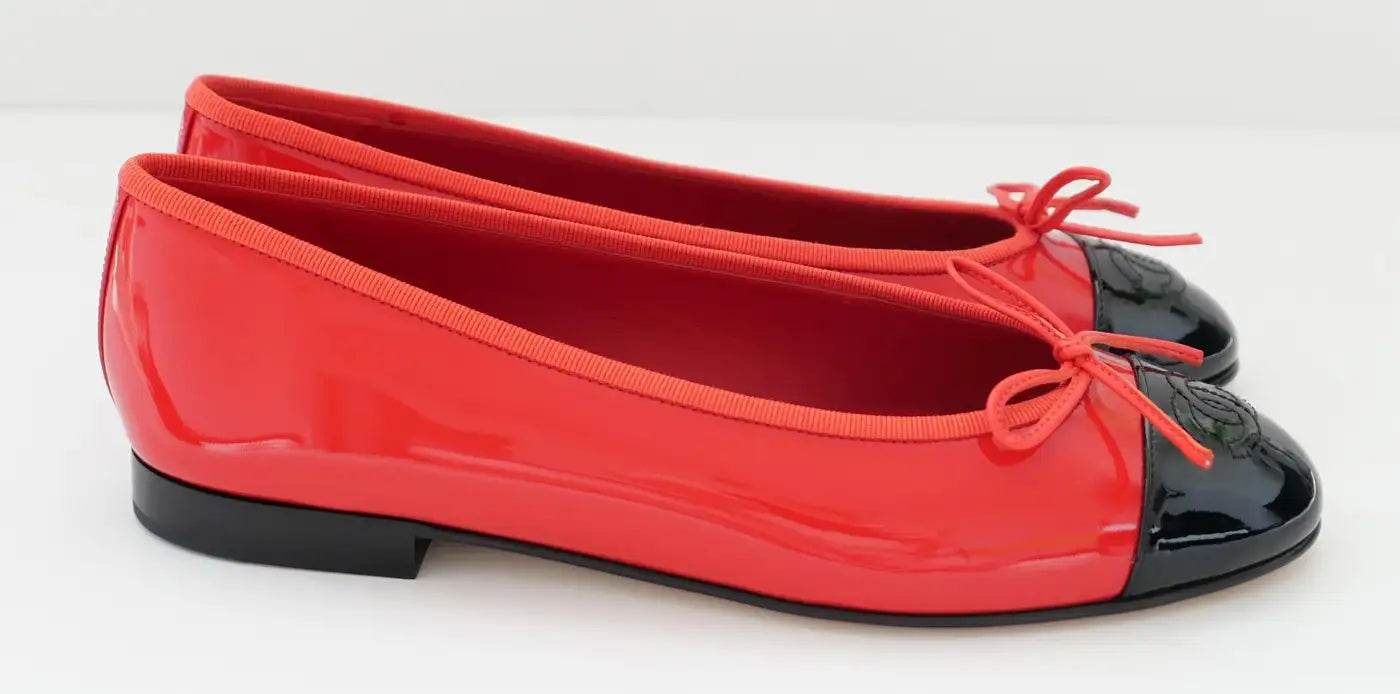 Chanel Red Patent Leather CC Toe Ballet Flats