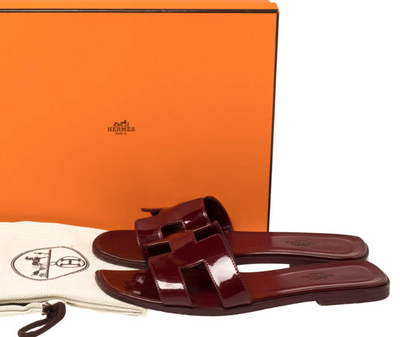 Hermes Burgundy Patent Leather Oran Flats hover