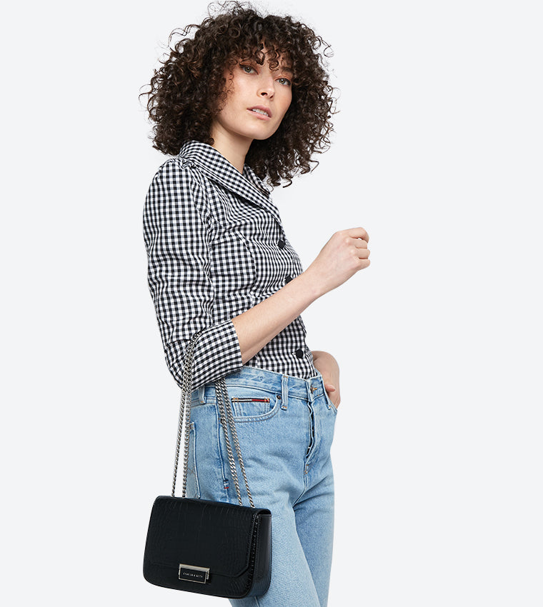 Charles & Keith Croc-Effect Structured Cross Body Bag - Black