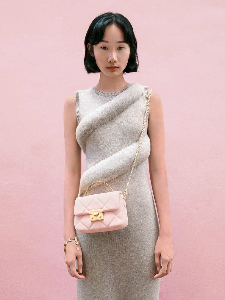 Charles & Keith Quilted Boxy Top Handle Bag - Pink