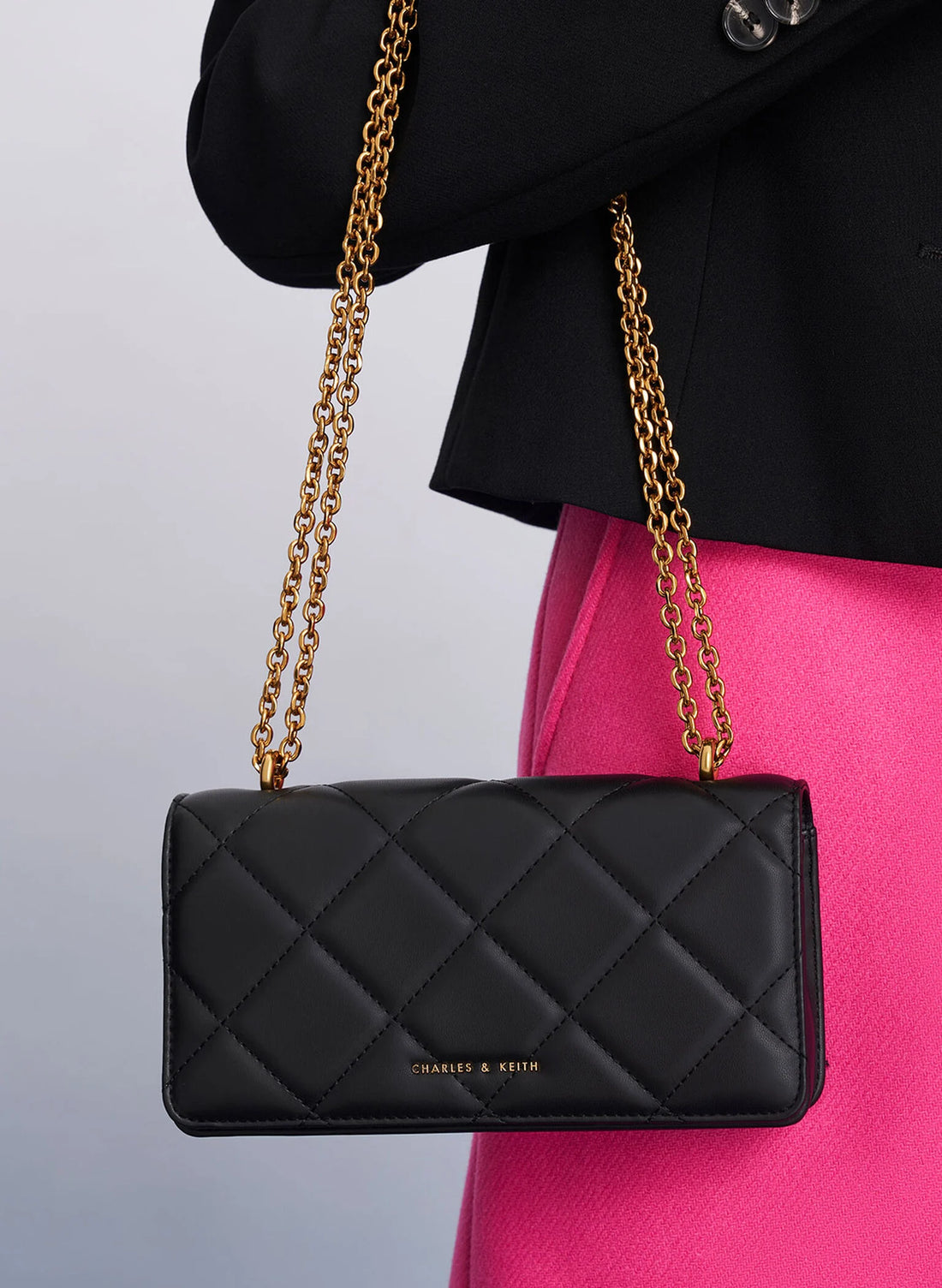 Paffuto Chain Handle Quilted Long Wallet - Black