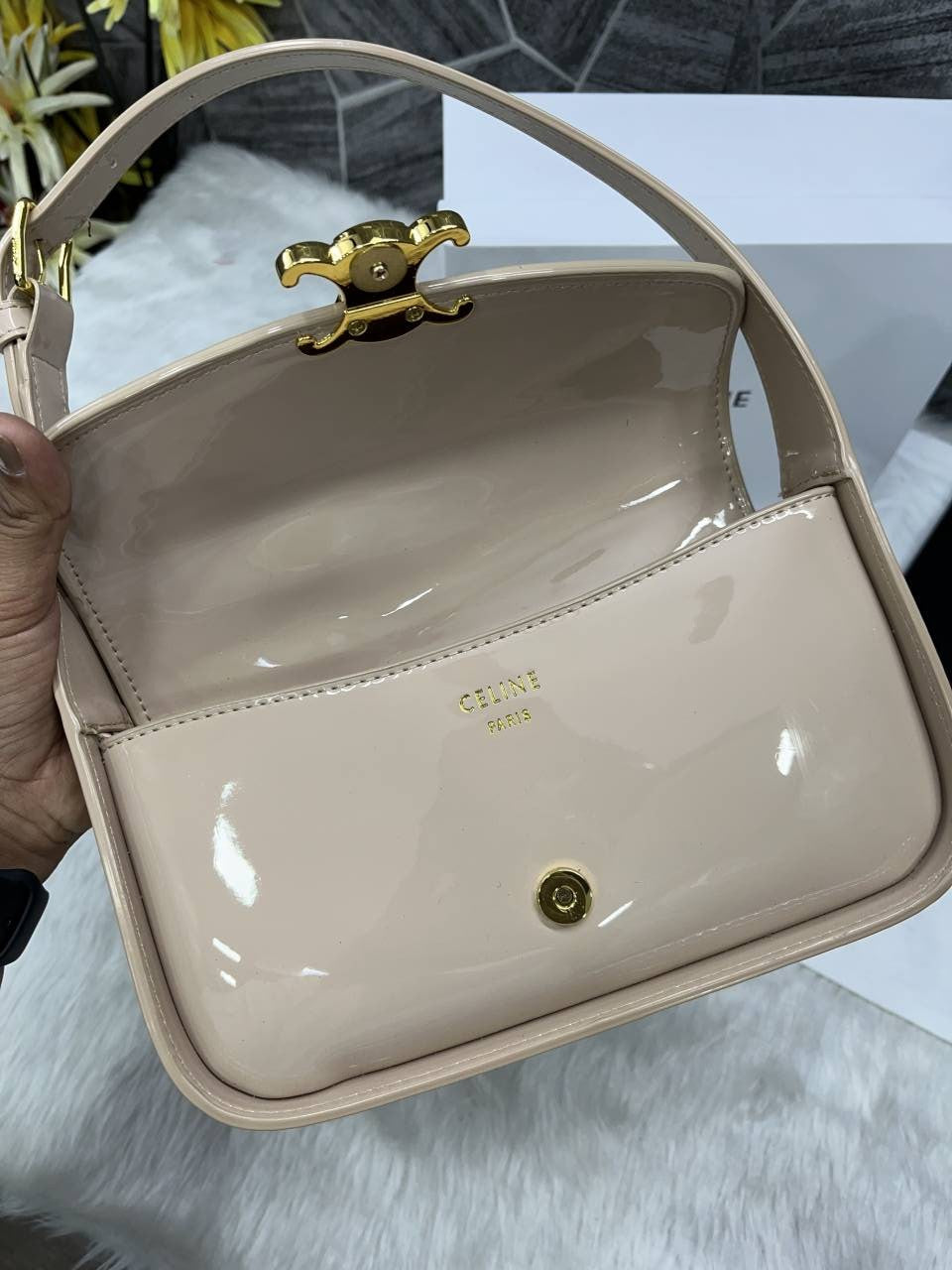 Celine Terence Apricot Patent Shoulder Bag With Original Box Dust Cover & long Belt