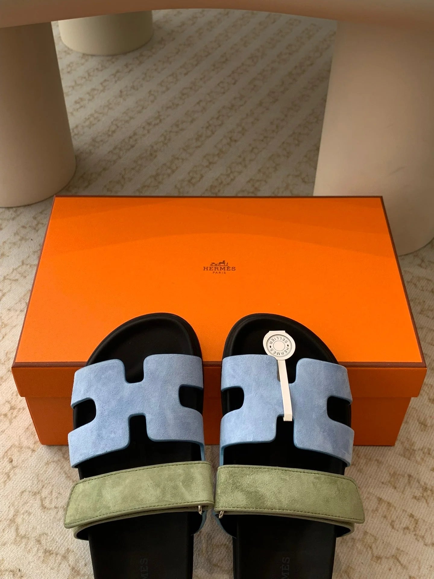Hermès Chypre Sandal – Olive/Turquoise Blue Suede & Black Calfskin