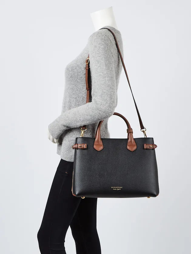 Burberry Black Calf Leather House Check Medium Banner Tote Bag