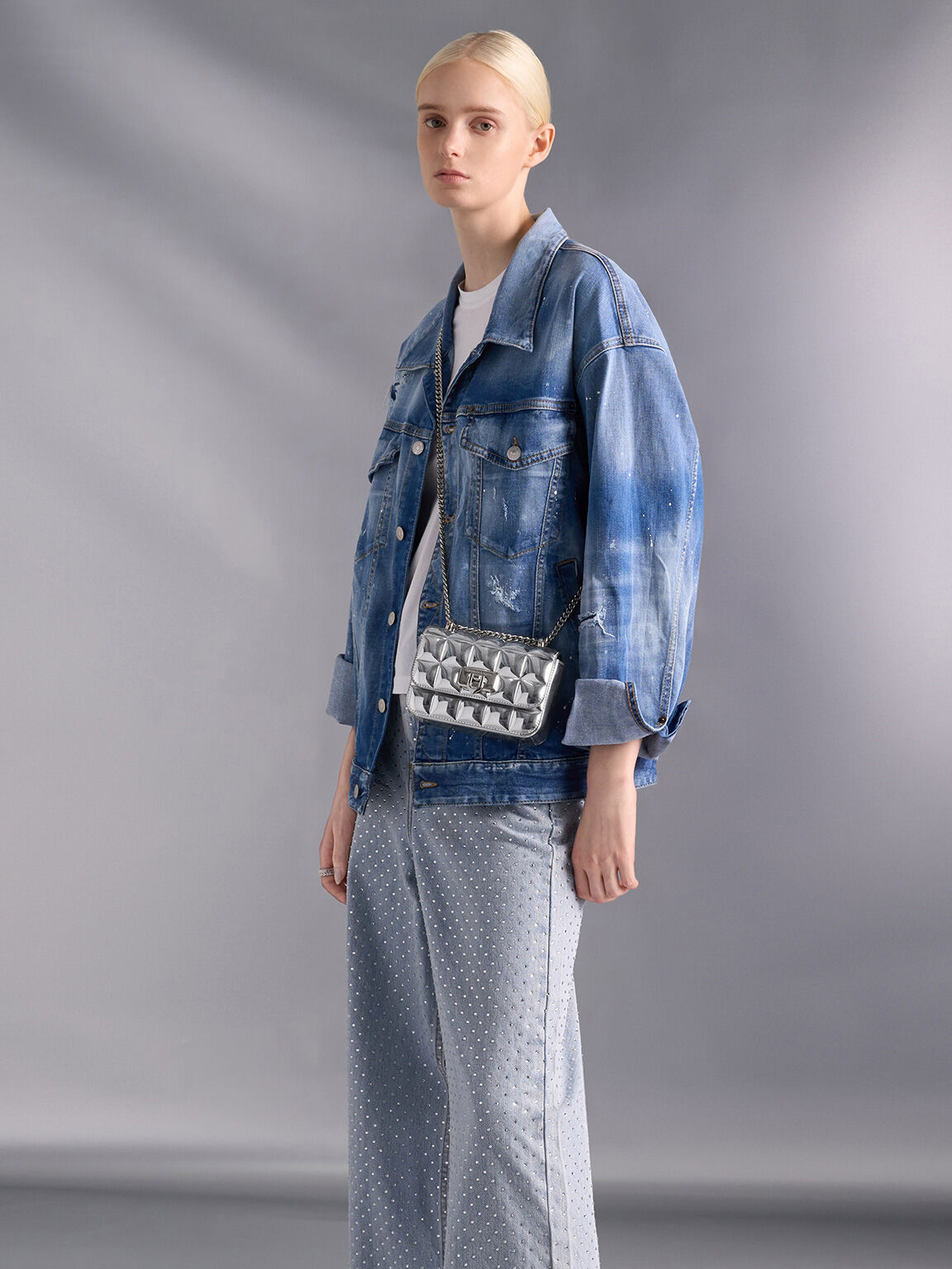 Charles & Keiith Metallic Square-Quilted Chain-Handle Bag - Silver