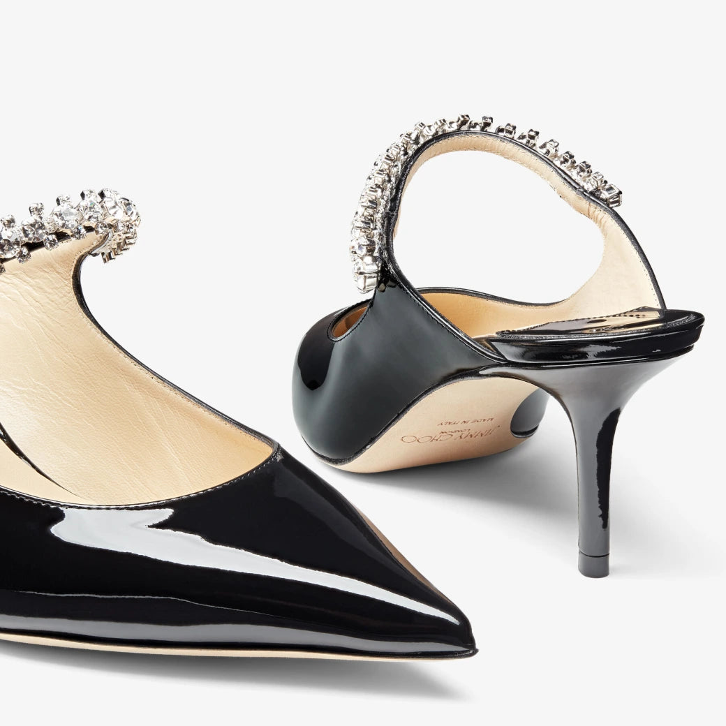 Jimmy Choo Bing 65  Black Patent Leather Mules with Crystal Strap