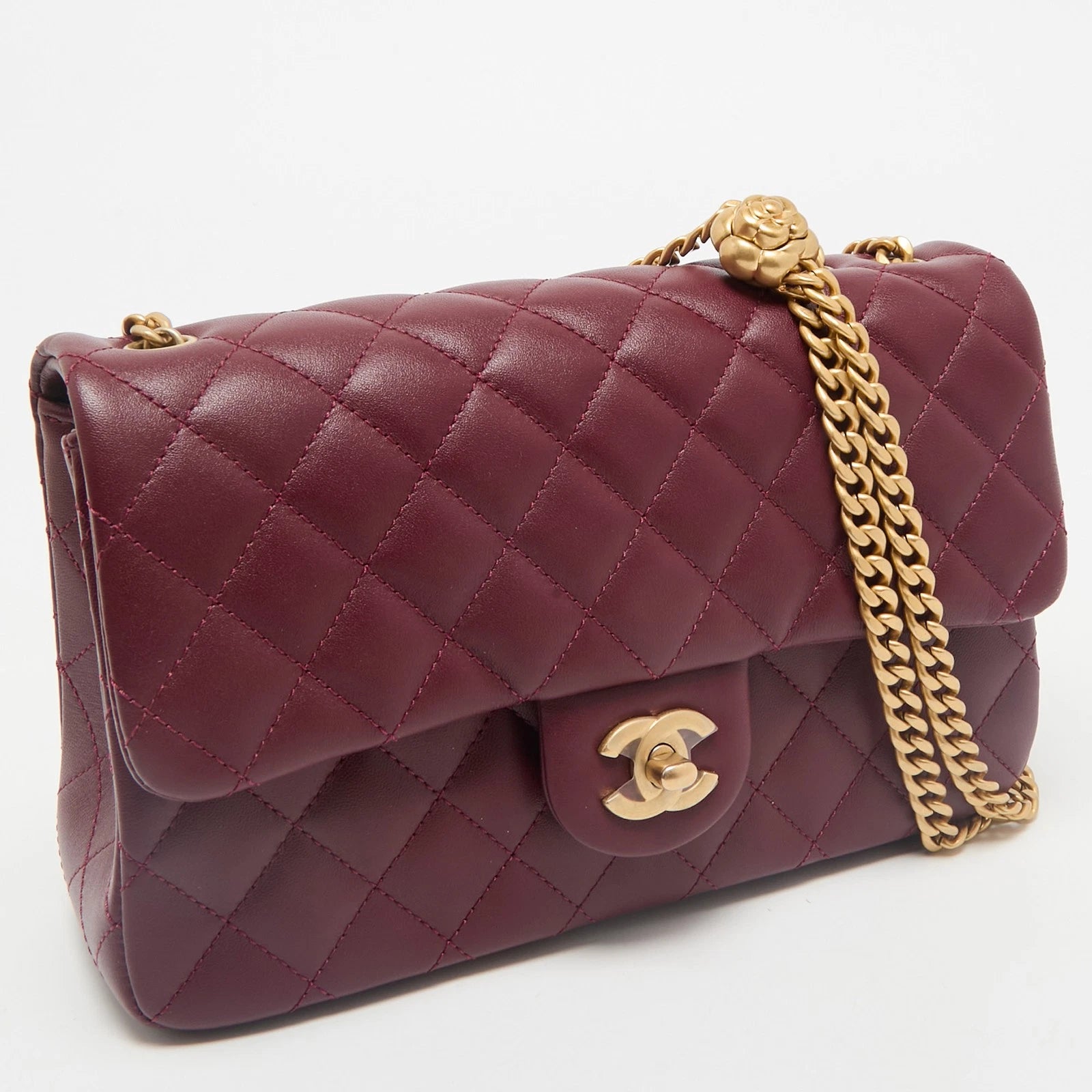 Chanel Burgundy Quilted Leather Medium Camellia Crush Flap Bag