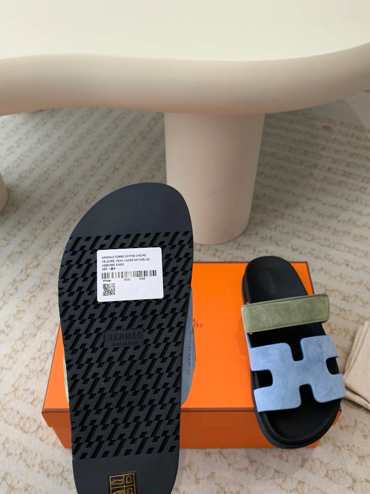 Hermès Chypre Sandal – Olive/Turquoise Blue Suede & Black Calfskin
