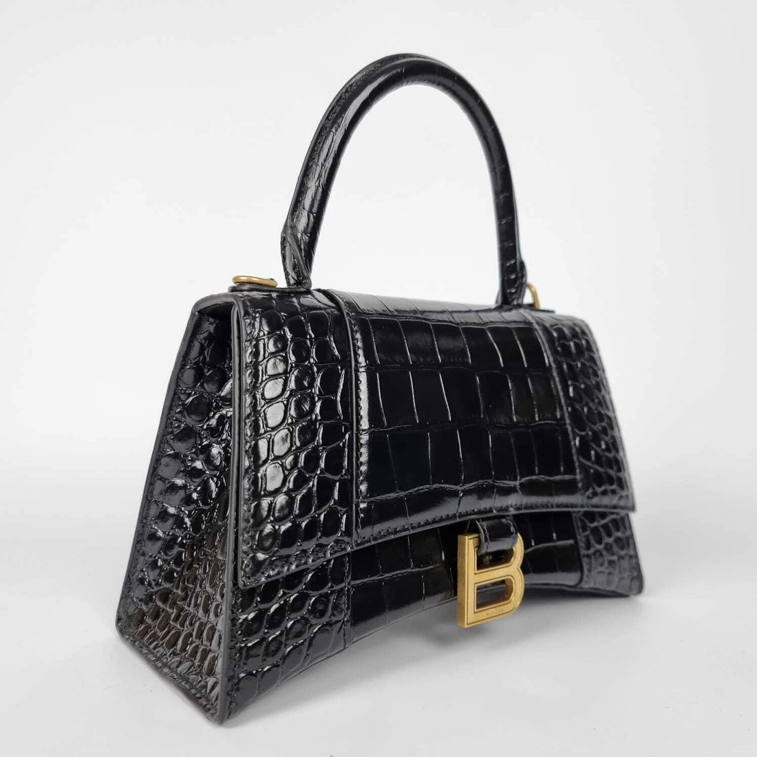 BALENCIAGA Hourglass Small  Black Embossed Leather Top Handle