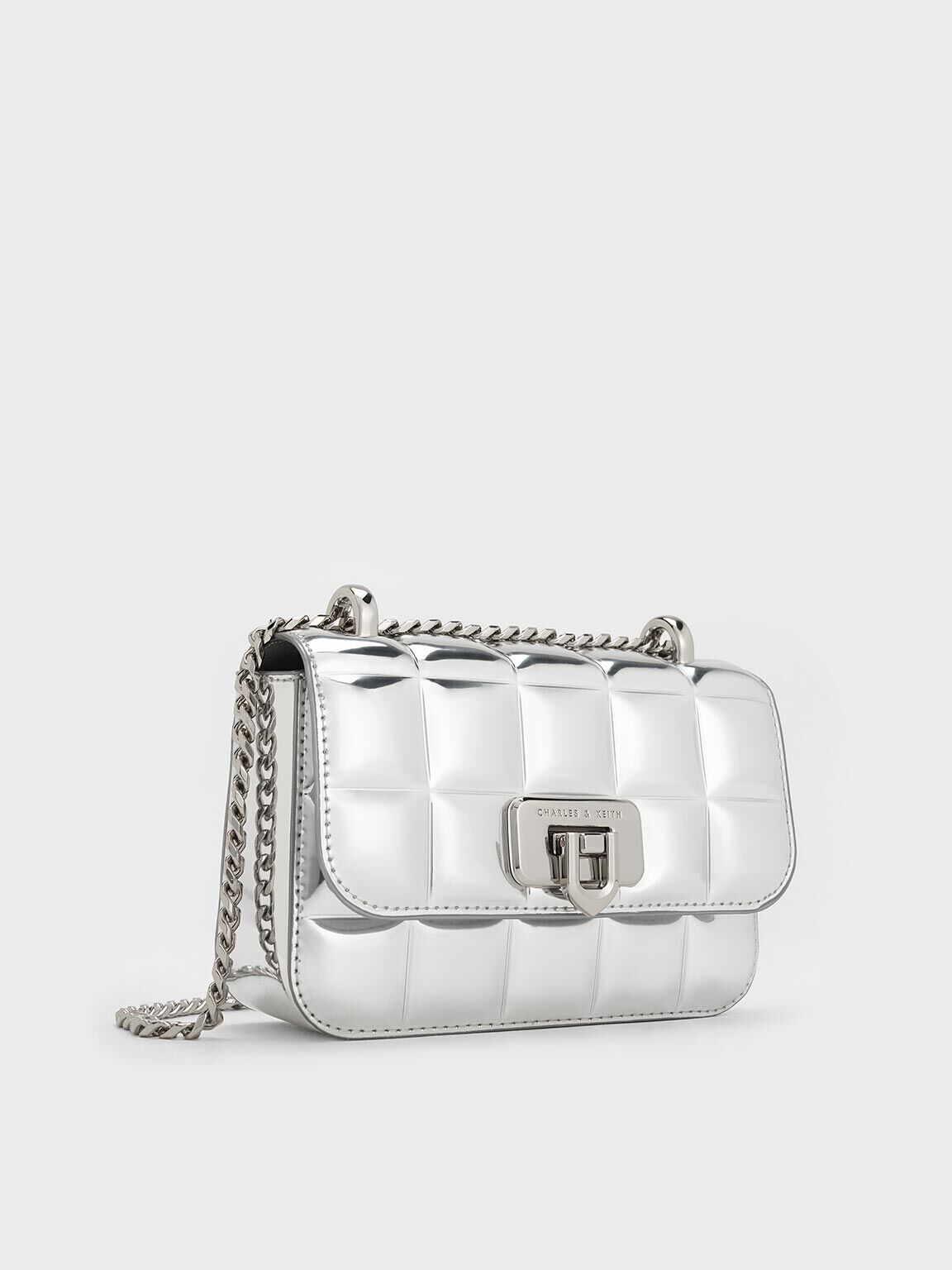 Charles & Keiith Metallic Square-Quilted Chain-Handle Bag - Silver