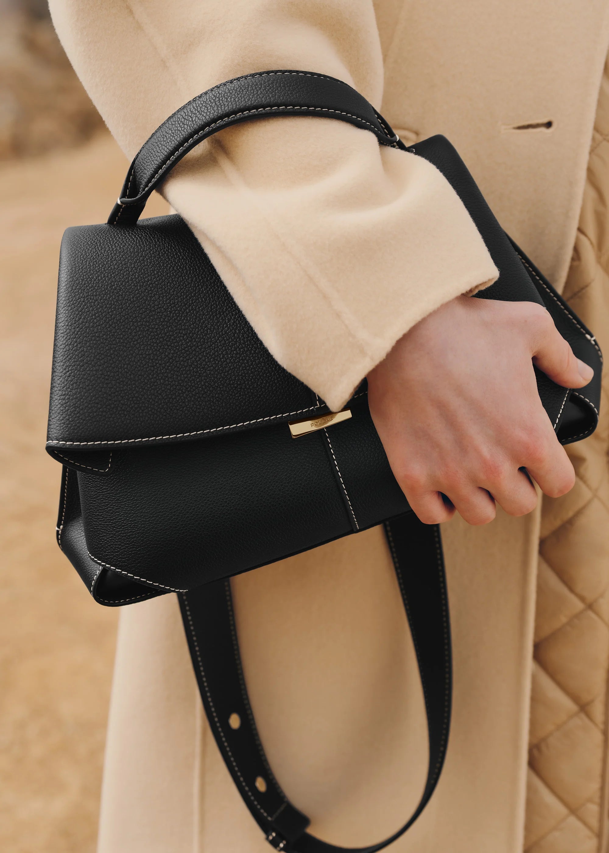 Polene Mokki Edition Textured Black with Ecru Stitching