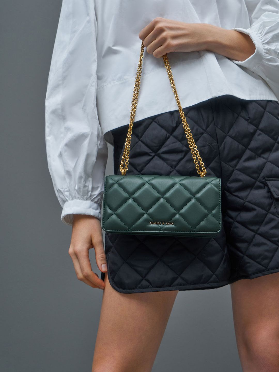 Charles & Keith Paffuto Chain Handle Quilted Long Wallet – Dark Green