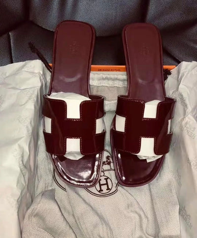 Hermes Burgundy Patent Leather Oran Flats