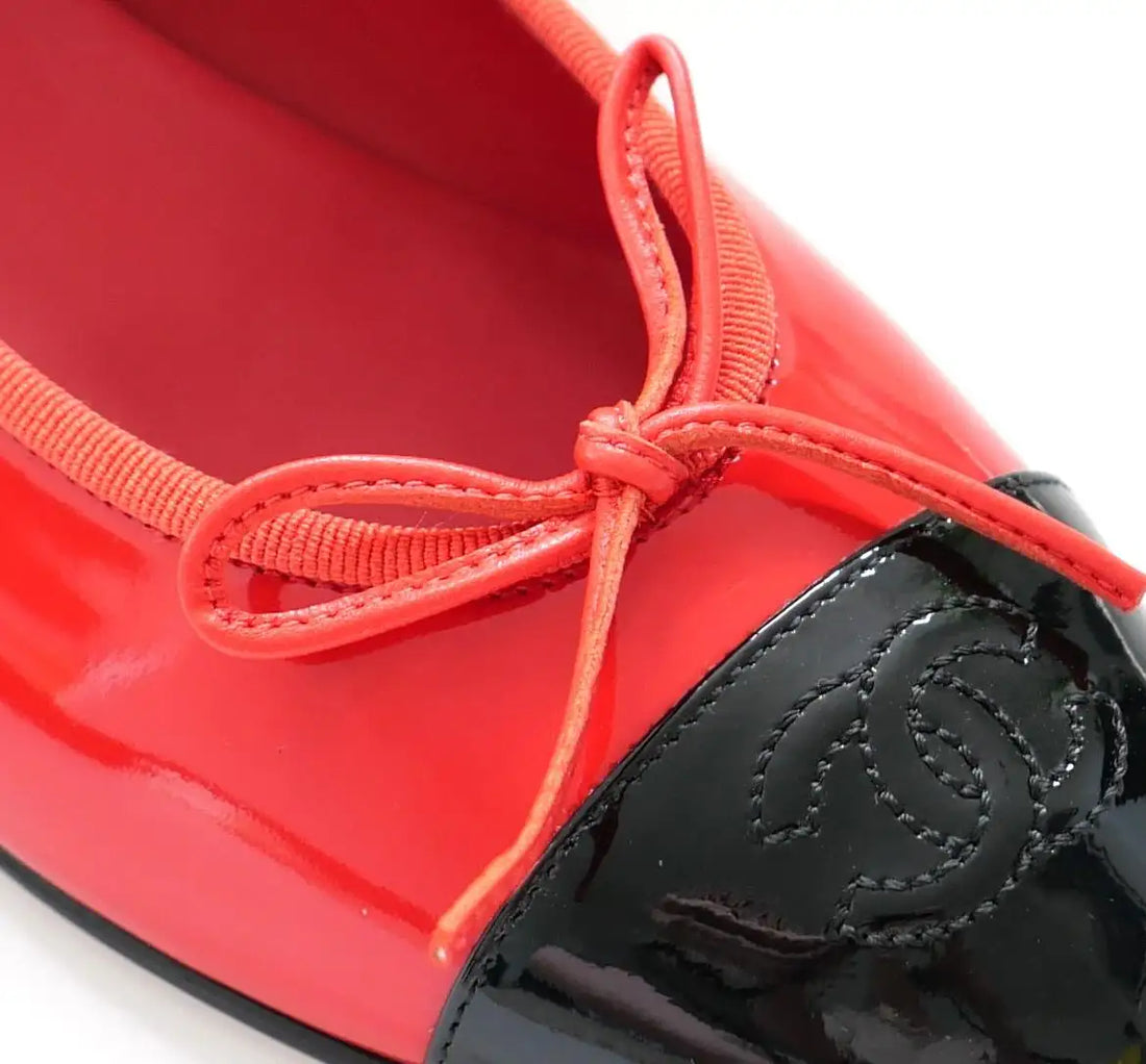 Chanel Red Patent Leather CC Toe Ballet Flats
