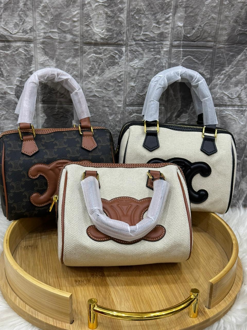 Celine Triomphe Textile Calfskin Small Boston Bag Natural Tan