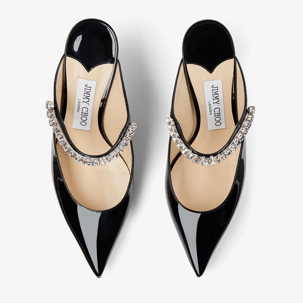 Jimmy Choo Bing 65  Black Patent Leather Mules with Crystal Strap